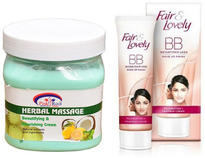 

Pink Root HERBAL MASSAGE CREAM 500ML with FAIR & LOVELY BB INSTANT FAIR LOOK CREAM 40G(Set of 2)