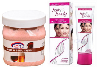 

Pink Root WINE & BEER SCRUB 500ML with FAIR & LOVELY ADVANCED MULTI VITAMIN CREAM 80G(Set of 2)