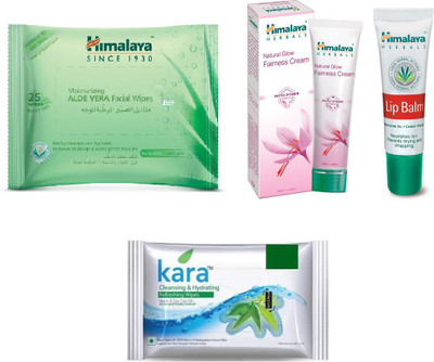 Himalaya Aloe Vera Facial Wipes, Natural Glow Fairness Cream, Lip Balm, Kara Skin Care Wipes(Set of 4)