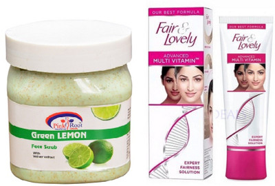 

Pink Root GREEN LEMON SCRUB 500ML with FAIR & LOVELY ADVANCED MULTI VITAMIN CREAM 80G(Set of 2)