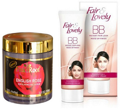 

Pink Root ENGLISH ROSE SCRUB 100G with FAIR & LOVELY BB INSTANT FAIR LOOK CREAM 40g(Set of 2)