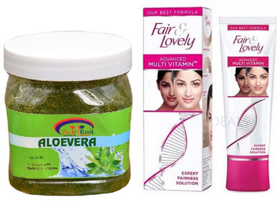 

Pink Root ALOEVERA GEL SCRUB 500ML with FAIR & LOVELY ADVANCED MULTI VITAMIN CREAM 80G(Set of 2)