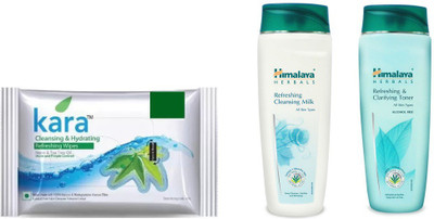

Himalaya Kara Skin Care Wipes, Refreshing & Cleansing Milk, Refreshing & Clarifying Toner(Set of 3)