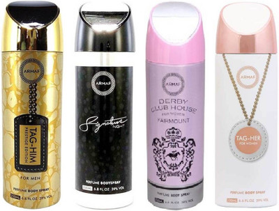 

Armaf Tag him Prestige for men 200ml + Signature night for unisex 200ml + Derby club house for women 200ml + Tag her for women 200ml Deodorant Spray - For Men & Women(800 ml, Pack of 4)