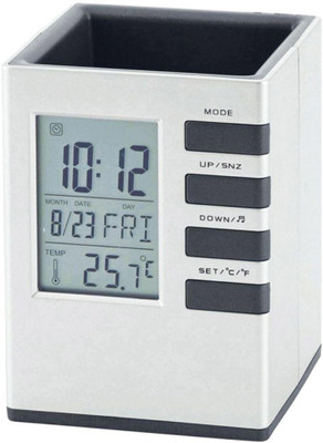 

Sphiron 1 Compartments Plastic Pen stand with Clock(Grey)