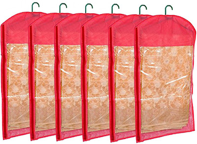 KUBER INDUSTRIES Designer Hanging Saree Cover In Non Woven Material Set of 6 Pcs (With Hanger) COMBVASCO05(Pink)