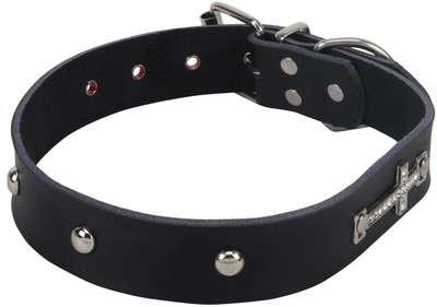 

SRI Adjustable Dog Collar 1.1 Inch With Silver Cone Studs & White Stone Cross Dog & Cat Everyday Collar(, Black