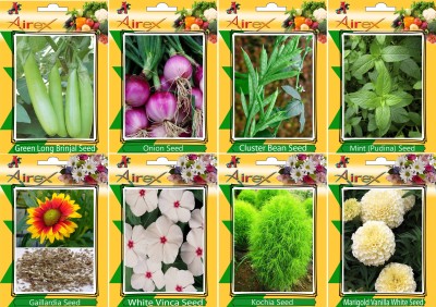 Airex Green Long Brinjal, Onion,Cluster Bean, Mint (Pudina), Gaillardia, White Vinca, Kochia and White Marigold Seed (Pack Of 50 seed * 4 Per Pkts of Vegetables) + (Pack Of 50 Seed * 3 Per Pkts Flower + 10 White Marigold) Seed + Get 1 Pkts of Flower + 1 Pkts Of vegetables Seed Free Seed(50 per packe