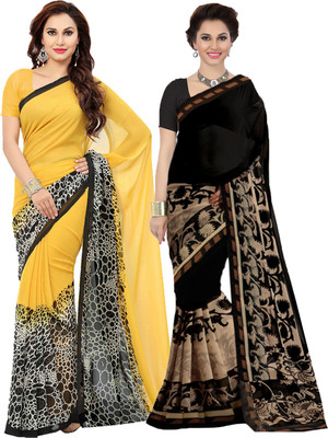 Ishin Printed Bollywood Faux Georgette Saree(Pack of 2, Yellow, Black) Flipkart