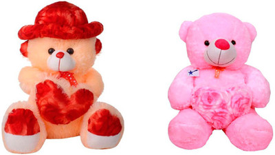 

ATTRACTIVE 1 FEET SMALL SOFT CUTE SITTING CAP & HEART TEDDY BEAR WITH 1 FEET SMALL PINK HEART TEDDY BEAR - 30 cm(CREAM/PINK)