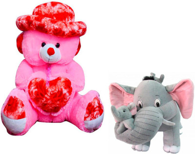 

ATTRACTIVE 3 FEET SOFT CUTE SITTING CAP & HEART TEDDY BEAR WITH 40cm SMALL MOTHER BABY ELEPHANT - 90 cm(PINK/GREY)