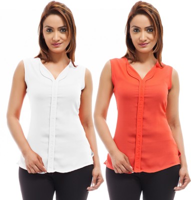 Femninora Casual Sleeveless Solid Women White, Orange Top