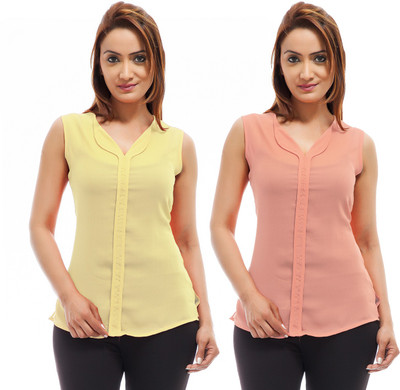 Femninora Casual Sleeveless Solid Women Orange, Yellow Top