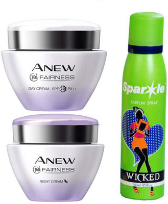 

Avon Anew fairness 360 Day Cream + Night Cream (50g Each) With One Sparkle Perfume Spray 150 Ml(Set of 3)
