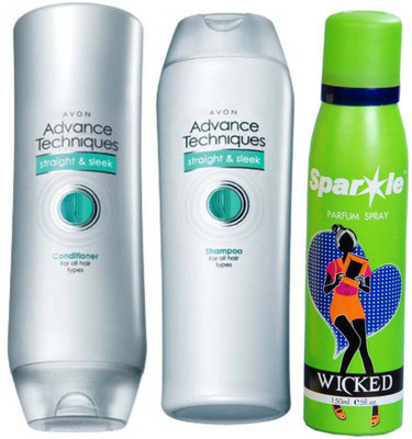 Avon Anew Advance Techniques Straight & Sleek Shampoo and Conditioner combo pack (200 ml each) With one sparkle perfume spray 150 ml(Set of 3)