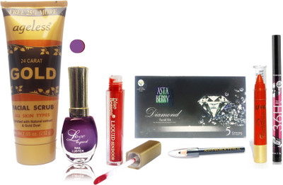 

femina09 facial kit 58g dimand scrub 200g love matte purple nail polish red liquid sindoor ishme orange matte lipstick eye brown pencil 36h eye liner combo set of 7(Set of 1)