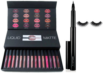 

Professional kit Of Eyelashes,16 Piece Multi color Matte Liquid Lip Glosses with Pencil Eyeliner Blackest waterproof(Set of 3)