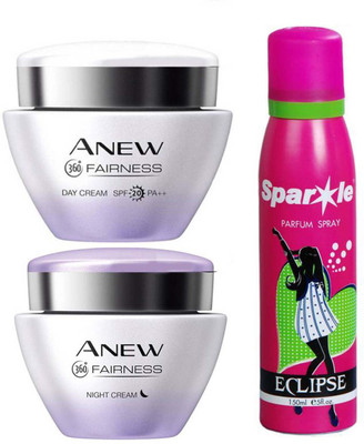 

Avon Anew fairness 360 Day Cream + Night Cream (50g Each) With One Sparkle Perfume Spray 150 Ml(Set of 3)