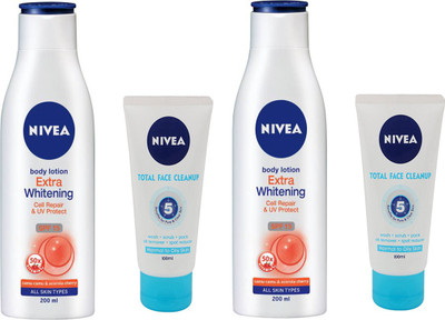 

Nivea Extra Whitening Body Lotion and Total Face Clean up(Set of 4)