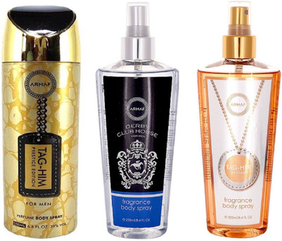

Armaf Tag him prestige for men 200ml + Derby club house for men 250ml + Tag her for women 250ml Body Spray - For Men & Women(700 ml, Pack of 3)