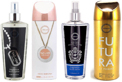 

Armaf Tag him for men 250ml + Tag her deo for women 200ml +Derby club house for men 250ml + Futura deo for women 200ml Deodorant Spray - For Men & Women(900 ml, Pack of 4)
