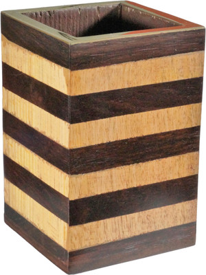 

Torika 1 Compartments wooden cube shape Pen Stand for office table(Brown)