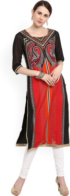 W Women Printed Straight Kurta(Red, Black)