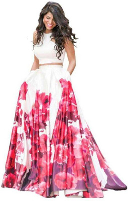 crezz n world Floral Print Semi Stitched Lehenga & Crop Top(White) crezz n world Floral Print Semi Stitched Lehenga & Crop Top(White)