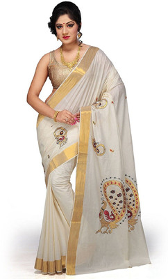 RSV FABRICS Embroidered Kasavu Cotton Blend Saree(White)
