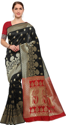 Ratnavati Embellished, Floral Print Kanjivaram Cotton Blend, Poly Silk Saree(Black)