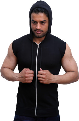 GEUM Self Design Men Hooded Black T-Shirt