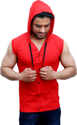 GEUM Solid Men Hooded Red T-Shirt GEUM Solid Men Hooded Red T-Shirt