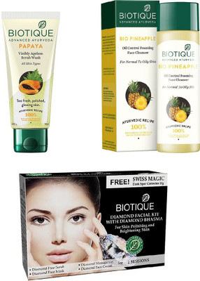 

BIOTIQUE BIO Bio Papaya Exfoliating Face Wash, Bio Pineapple Oil Control Face Cleanser, Bio Diamond White Facial Kit(Set of 3)