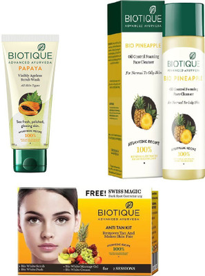 

BIOTIQUE BIO Bio Papaya Exfoliating Face Wash, Bio Pineapple Oil Control Face Cleanser, Bio Anti Tan Facial Kit(Set of 3)