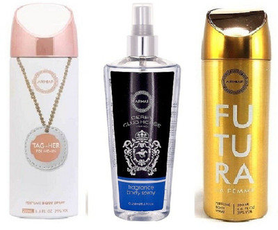 

Armaf Tag her for women 200ml + Derby club house for men 250ml + Futura for women 200ml Deodorant Spray - For Men & Women(650 ml, Pack of 3)