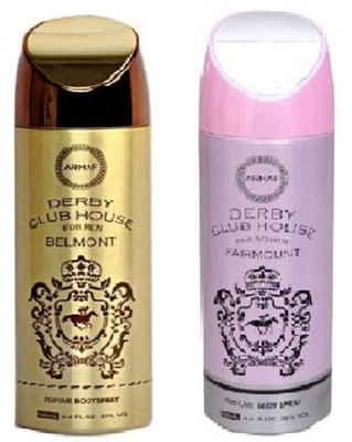 

Armaf Derby club house Belmont for men 200ml + Derby club house fairmount for women 200ml Deodorant Spray - For Men & Women(400 ml, Pack of 2)