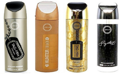 

Armaf Tag him for men 200ml + Hunter for men 200ml + Prestige tag him for men 200ml + Signature night for men 200ml Deodorant Spray - For Men(800 ml, Pack of 4)
