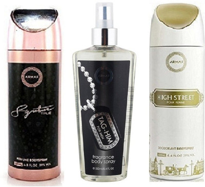 

Armaf Signature for women 200ml + Tag him for men 250ml + Highstreet for women 200ml Deodorant Spray - For Men & Women(650 ml, Pack of 3)