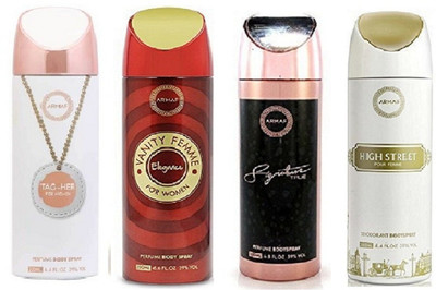 

Armaf Tag her for women 200ml + Vanity for women 200ml + Signature true for women 200ml + Highstreet for women 200ml Deodorant Spray - For Women(800 ml, Pack of 4)