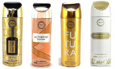 

Armaf Prestige tag him for men 200ml + La parfait for women 200ml + Futura for women 200ml + Highstreet for women 200ml Deodorant Spray - For Men & Women(800 ml, Pack of 4)