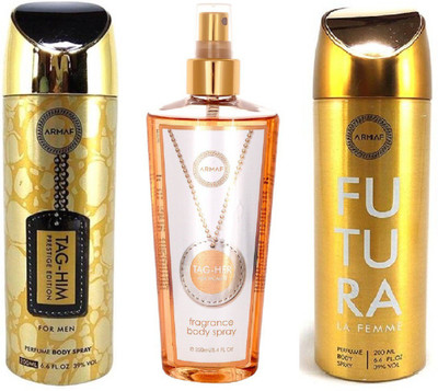 

Armaf Prestige tag him for men 200ml + Tag her for women 250ml + Futura for women 200ml Deodorant Spray - For Men & Women(650 ml, Pack of 3)