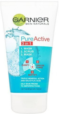 

Garnier Pure Active 3in1 Clay Mask Scrub Wash Oily Skin-Used for a wash, scrub and a mask Face Wash(150 ml)