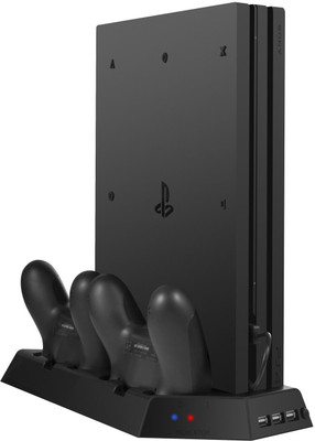 

Microware Vertical Stand with Cooling Fan for PS4 Pro, Controllers Charging Station with Dual Charger Ports and USB HUB for PlayStation 4 Pro Console Dualshock 4 Gaming Accessory Kit(Black, For PS4)