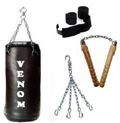 

Venom 5.0 Feet Long, SRF - ECONOMIC Material, Black Color, Unfilled with Hanging Chain with 9 Feet Long Black Color Hand Wraps Pair & Wooden Handle Non Chaku Boxing Kit