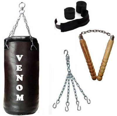 

Venom 1.5 Feet Long, SRF - ECONOMIC Material, Black Color, Unfilled with Hanging Chain with 9 Feet Long Black Color Hand Wraps Pair & Wooden Handle Non Chaku Boxing Kit