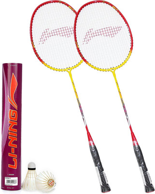 

Li-Ning Badminton Full Set (Smash XP 807 Strung Badminton Racquet Set of 2 + Champ Feather Shuttlecock, Pack of 12) Badminton Kit