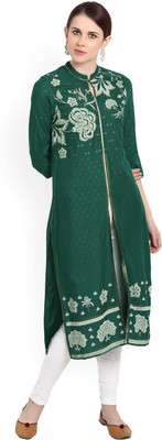 W Women Printed Straight Kurta(Green)