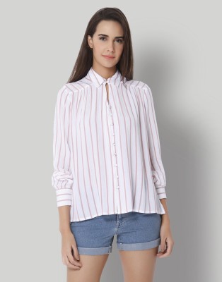 VERO MODA Women Striped Casual White, Brown Shirt