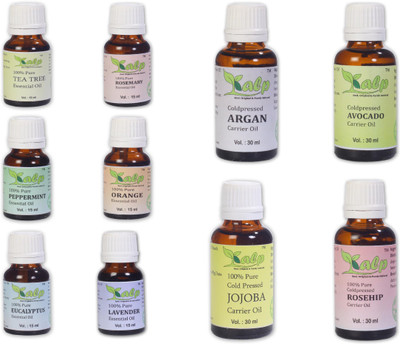 

Kalp Pack Of 10 Essential Oils (06 * 15ml) and Carrier Oils (04*30ml) /( Tea tree oil, Rosemary Oil, Lavender Oil, Eucalyptus Oil, Peppermint Oil, Orange Oil -15ml each) and( Argan Oil, Avocado Oil, Jojoba Oil & Rosehip Oil-30ml Each)(210 ml)