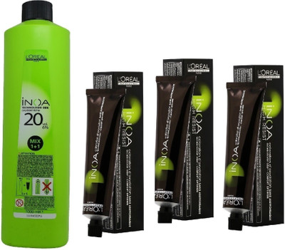 

L'Oreal INOA Ammonia Free Permanent Colour 5,35 Light Golden mahogany Brown (3 tube) 60mL+ Loreal INOA Oil Developer 1000 mL(Set of 4)